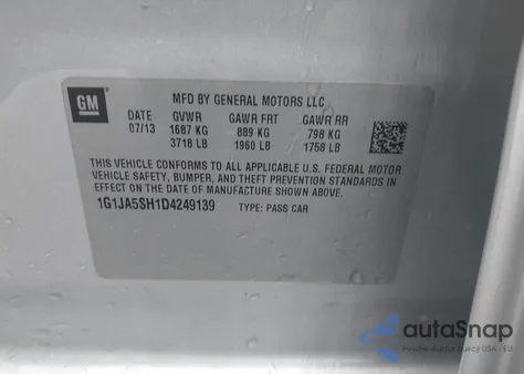 2013 Chevrolet Sonic Ls Auto z USA, uszkodzony, nr VIN 1G1JA5SH1D4249139